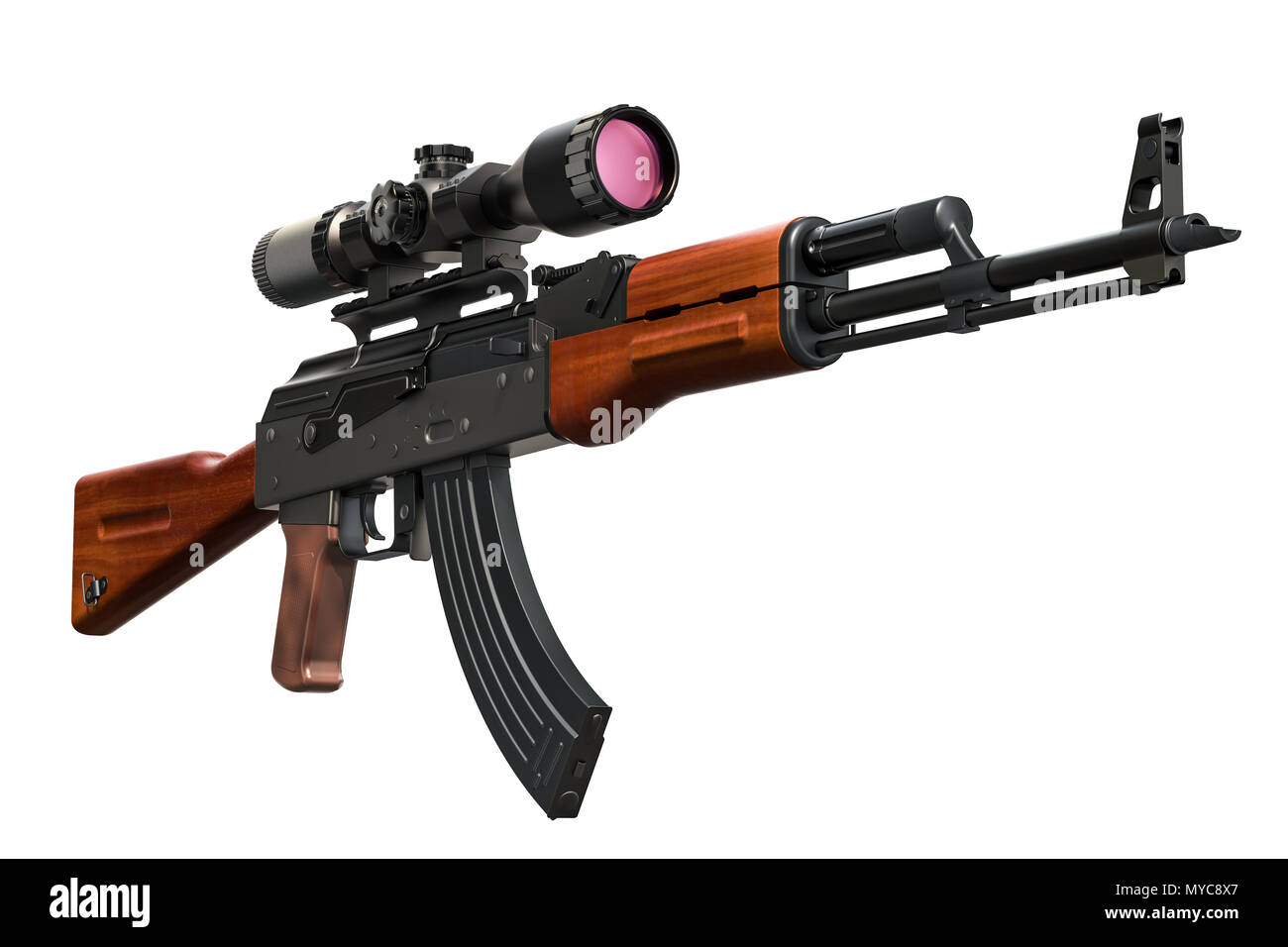 Angriff Gewehr mit Zielfernrohr, 3D-Rendering auf weißem Hintergrund Stockfoto