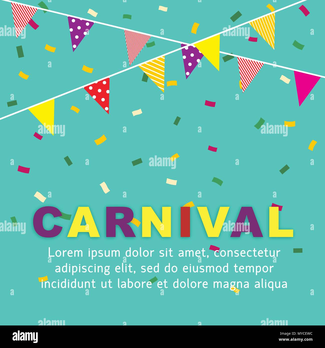 Karneval Vector Illustration bunte Fahnen und Konfetti auf Türkisfarbenem Hintergrund mit Kopie Raum Plakat Vorlage für die Einladung, Festivals und Partys Stock Vektor