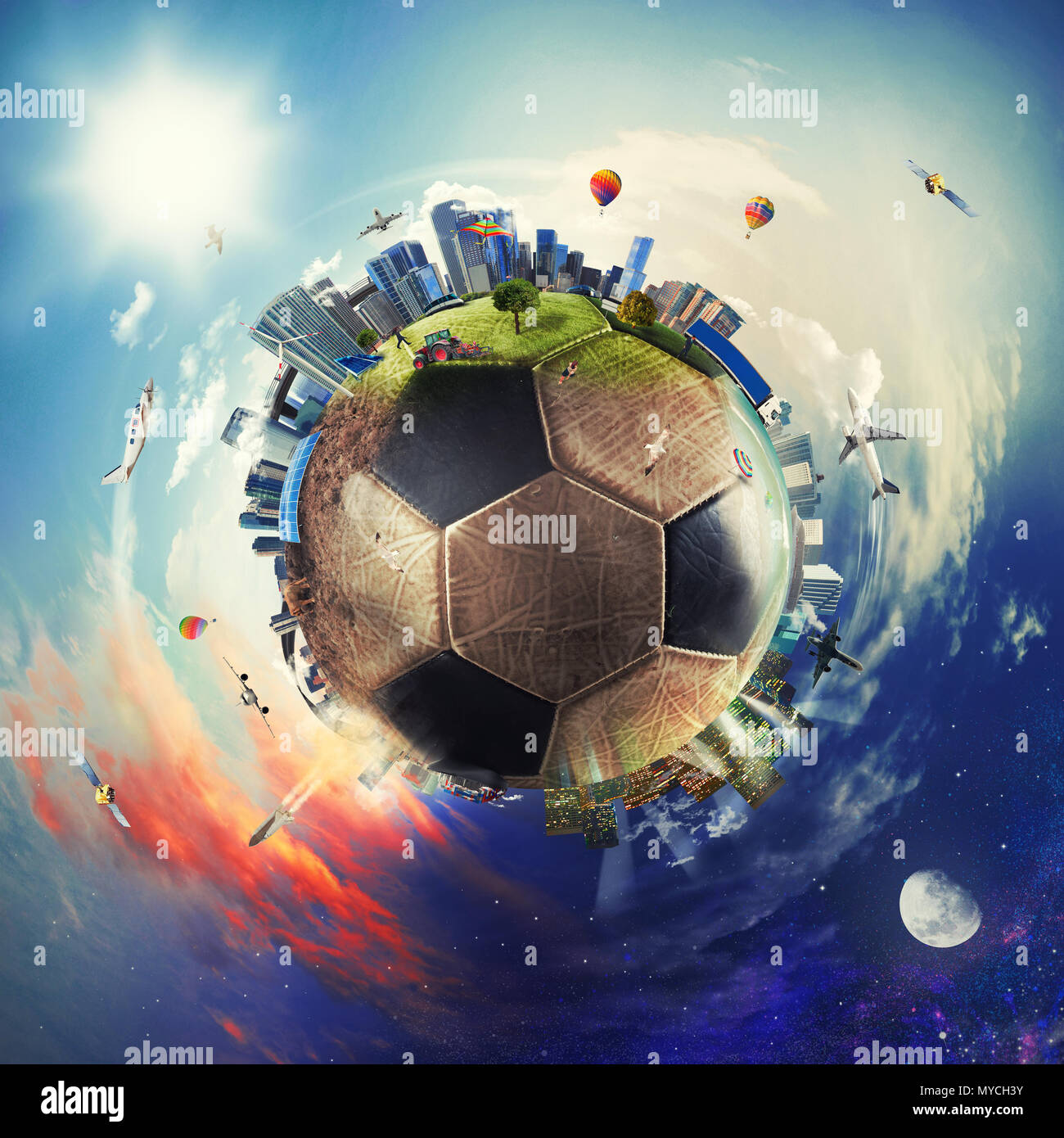 Globale Ansicht der Fußball-Welt. Fußball-Ball als Planet Stockfoto