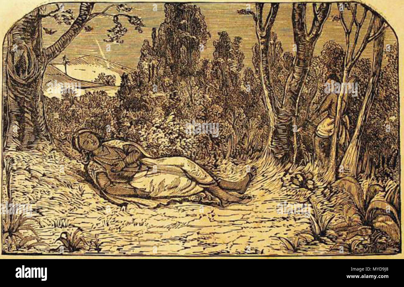 . Während des neunzehnten Jahrhunderts die fürstlichen Stand der Barddhaman (burdwan) in Bengalen hatte Literatur und Kunst enorm förderte. Vielen alten Sanskrit Schriften und hinduistischen Epen wurden in Bangla übersetzt und regelmäßig veröffentlicht. Der damalige Herrscher von Barddhaman, Maharaja Mahatab Bahadur Chand (1820-1879) solche Aktivitäten gefördert. Hier präsentieren wir sechs Illustrationen aus dem Barddhaman Edition des Mahabharata, die in Holzstich Technik gedruckt wurden. Auf dem Cover war, klebte ein Holz graviert Porträt des Herrschers von Barddhaman. Tod von Krishna. neunzehnten Jahrhundert. Maharaja Mahatab Chand B Stockfoto