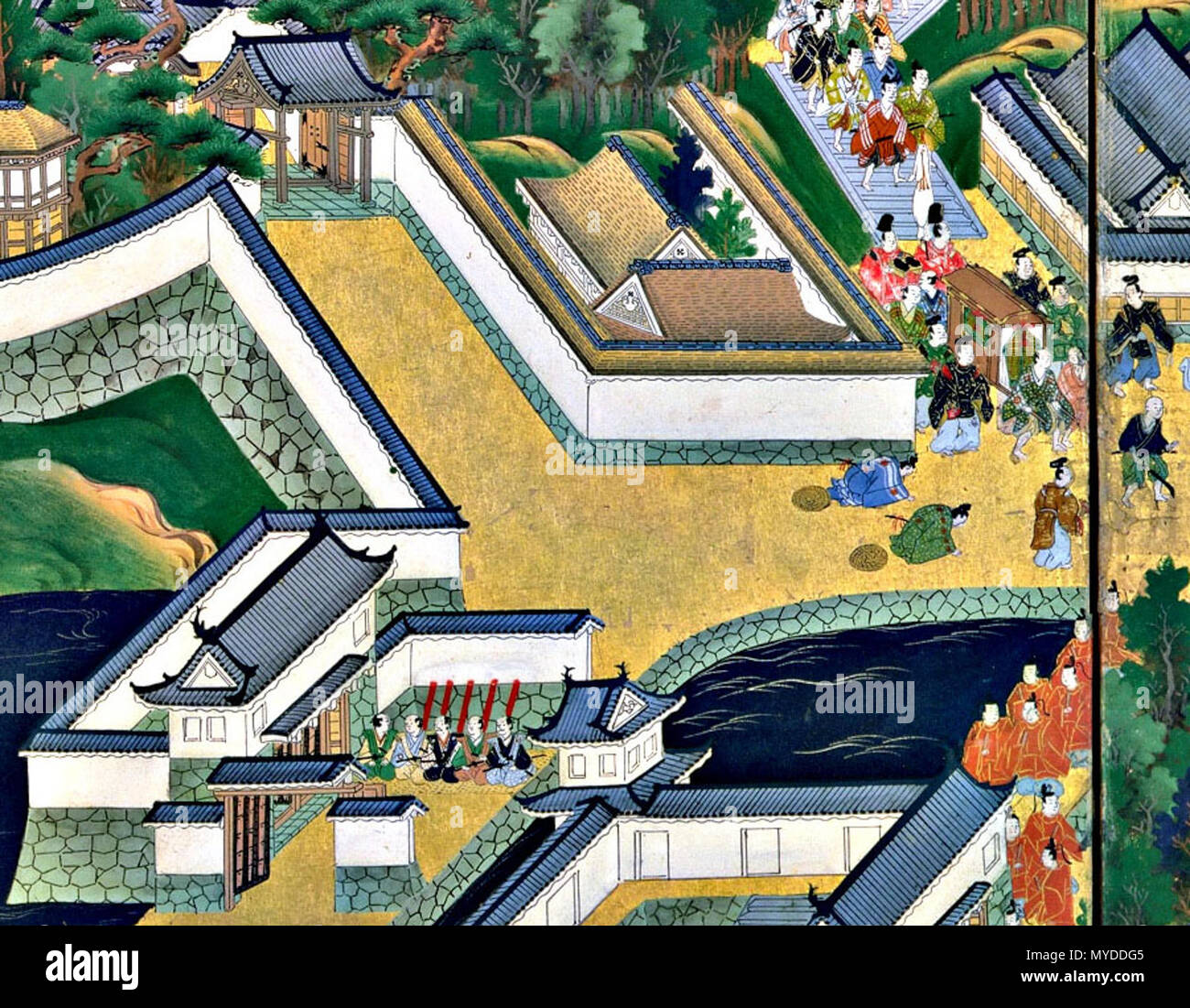 . Nach oben Der zweite Panel, das den linken Bildschirm (West enciente und Fukiage Edo Schloss, Schloss Residenzen der drei Tokugawa Familien, Sänfte Träger (vor Owari Dainagon Residence)). 'Ansicht von Edo' (Edo zu) Paar sechs Panel Paravents (17. Jahrhundert). 17. Jahrhundert. Unbekannt 153 Edo. l 219 Stockfoto