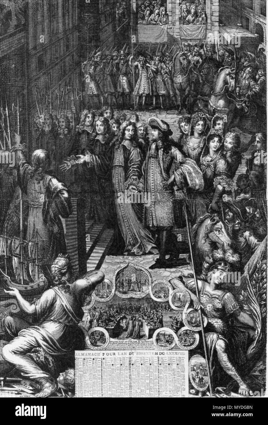 164 Gravur von König Ludwig XIV. von Frankreich in Paris im Jahre 1687 (Almanach Royal) Stockfoto