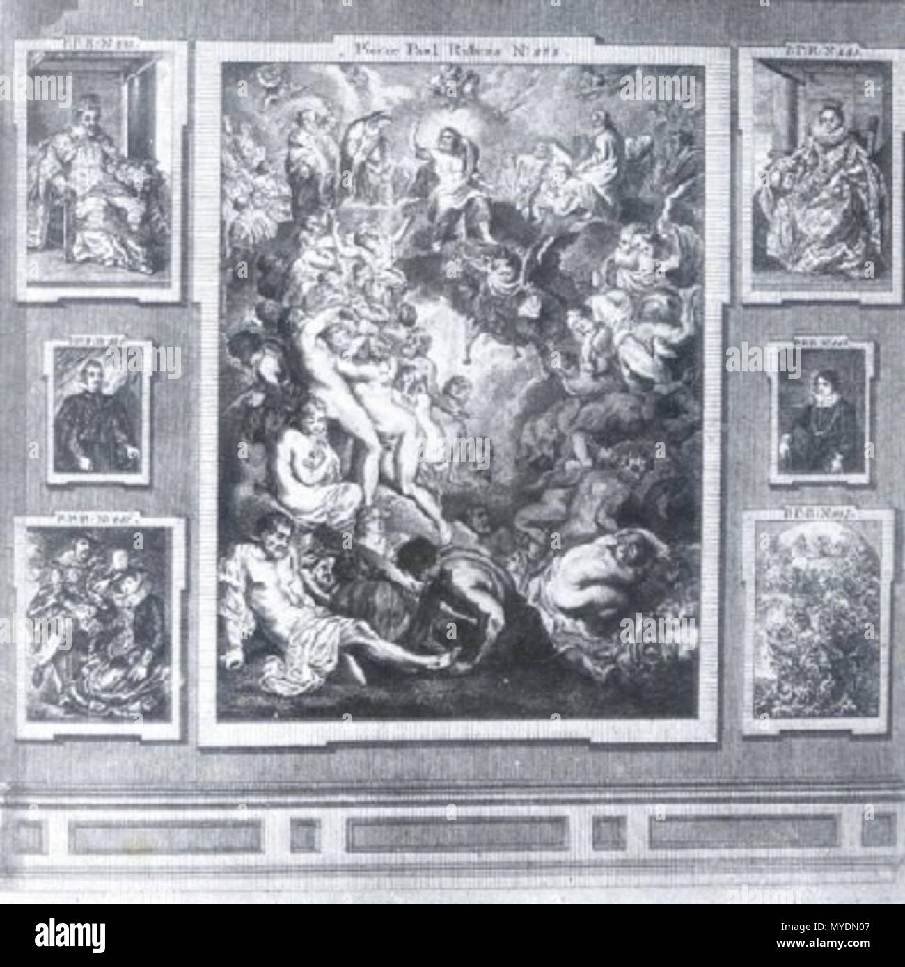 . English: Wandaufriss des Rubenssaales mit dem "jüngsten Gericht" im Galeriegebäude des Düsseldorfer Stadtschosses. English: um 1710, Kupferstich 1776, in: Nicolas de Pigage: Galerie Electorale... 1778 156 Eichler 001 Stockfoto