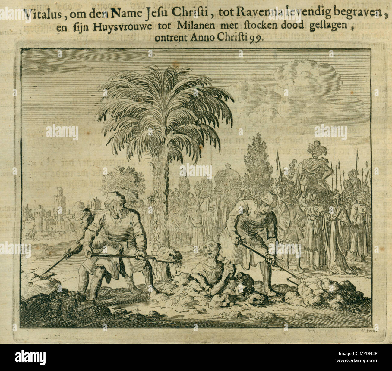 . Vitalus (Vitalis), lebendig begraben. Die märtyrer Spiegel, dies ist eine Radierung von Jan Luyken (1649-1712). 17. Jahrhundert. Jan Luyken 553 Vitalisburiedalive Stockfoto