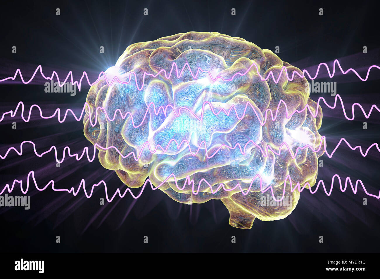 Gehirn und Brain Waves im wachen Zustand während der Rest, computer Abbildung. Ein Elektroenzephalogramm (EEG) misst die elektrische Aktivität des Gehirns mit Elektroden auf der Kopfhaut befestigt. Verschiedenen Erkrankungen kann durch die Analyse der EEG-Ergebnisse diagnostiziert werden. Stockfoto