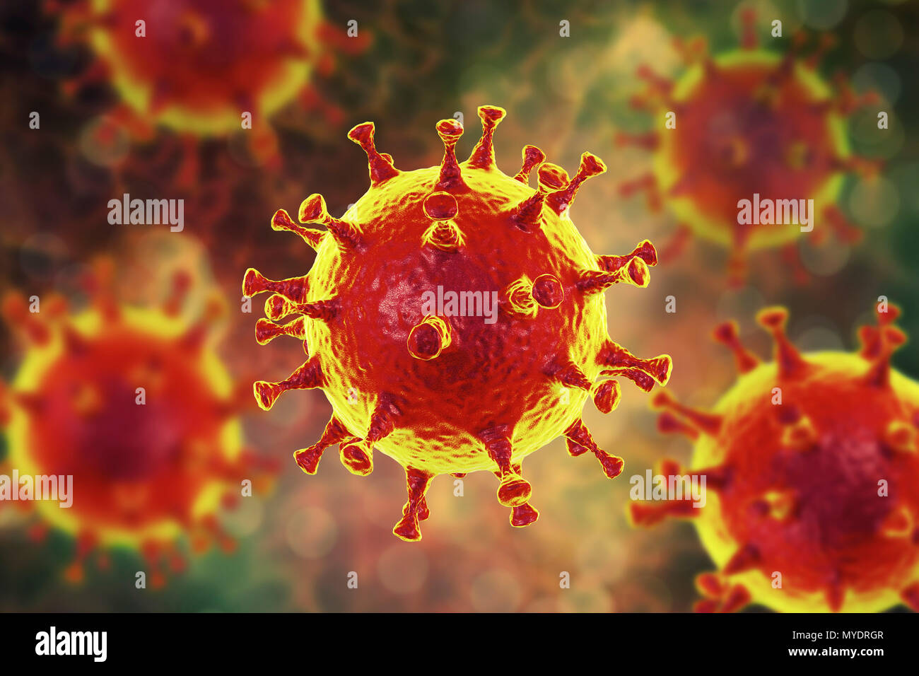 Naher Osten Atemnotsyndrom Coronavirus (MERS-CoV) Partikel (Virionen), computer Abbildung. Früher als neuartiges Coronavirus bekannt, MERS wurde zuerst in Saudi-Arabien im Jahr 2012 identifiziert. Die meisten Leute angesteckt mit MERS entwickeln schwere akute respiratorische Erkrankungen mit Symptomen wie Fieber, Husten und Kurzatmigkeit. Stockfoto