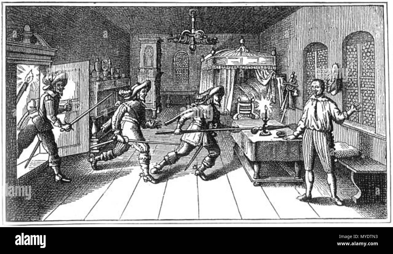 . Englisch: Ermordung Albrechts von Waldstein in Cheb während des Dreißigjährigen Krieges English: Die Ermordung Wallensteins in Eger/Cheb im Dreißigjährigen Krieg. Nach einem anonymen zeitgenössischen Kupferstich. Unbek - Buch-Scan-von-de: Benutzer: Wolpertinger 2004-11-12 12:59 167 - Ermordung wallensteins-in-Eger - anonymer - kupferstich 1-640 x 370 Stockfoto