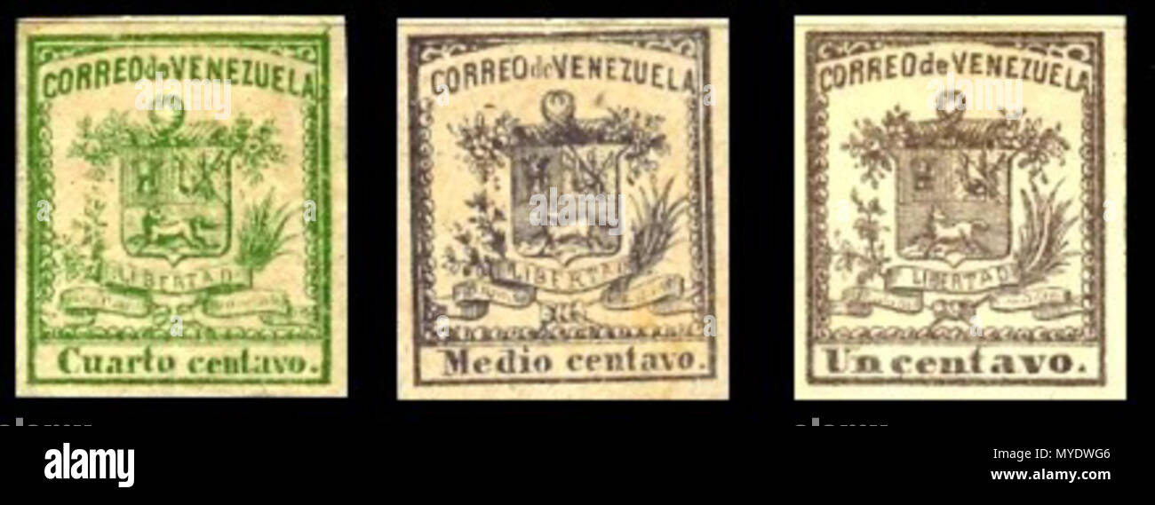 . Español: Estampillas Escudo de Venezuela 1862. Emisión: 1 de marzo de 1862 Numero de estampillas Diferentes 3 Valor de 1/4 de Imagen 21104 piezas y de Farbe verde Valor de 1/2 de Imagen 17400 piezas y de Farbe lila Valor de 1 Centavo 8996 piezas y de Farbe MARRÓN. 1862. Computerwoche de Venezuela 169 Estampillas Escudo de Venezuela 1862 000 Stockfoto