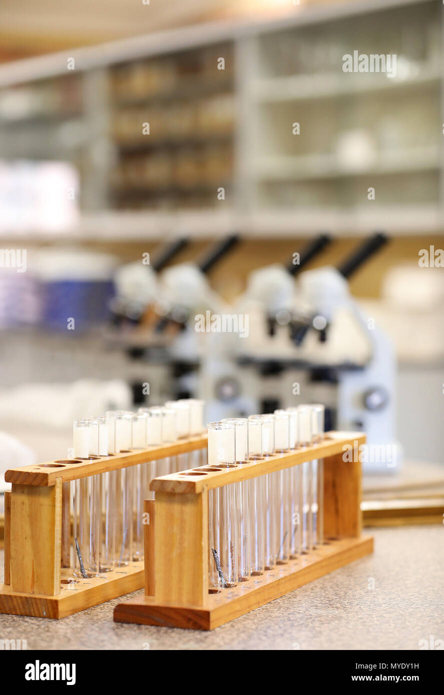 Wissenschaft Wissenschaftler ähnliche Bilder anzeigen Elektronische Mikroskope und Röhrchen in einem Labor oder Abstellraum. starke Bildung Forschung und Medizin Stockfoto