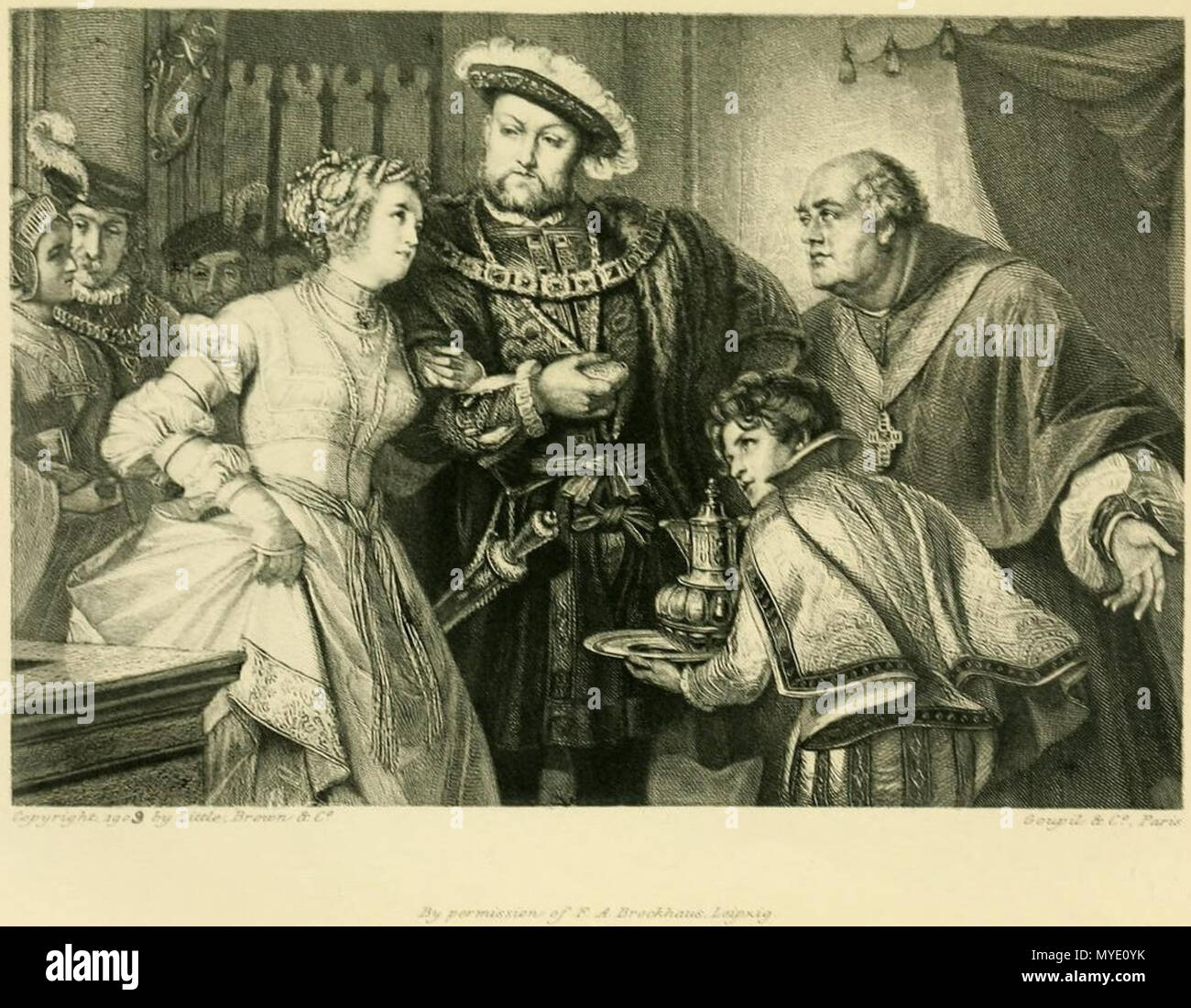 . Englisch: Friedrich Pecht, Henry VIII. und Anne Boleyn, Kupferstich von T.L. Raab. Vor 1909. Scan archive.org; Gravur Goupil; Malerei Fr. Pecht 184 Fr Pecht T L Raab Goupil Henry VIII. und Anne Boleyn Stockfoto