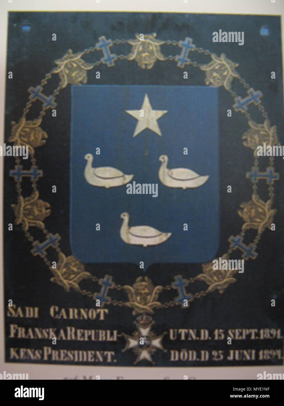 . Englisch: Stallplate von Sadi Carnot, der französische Präsident; als Ritter des Ordens der Seraphim. 12 Februar 2007, 15:24:12. Pro Nordenval 99 Carnotarms Stockfoto