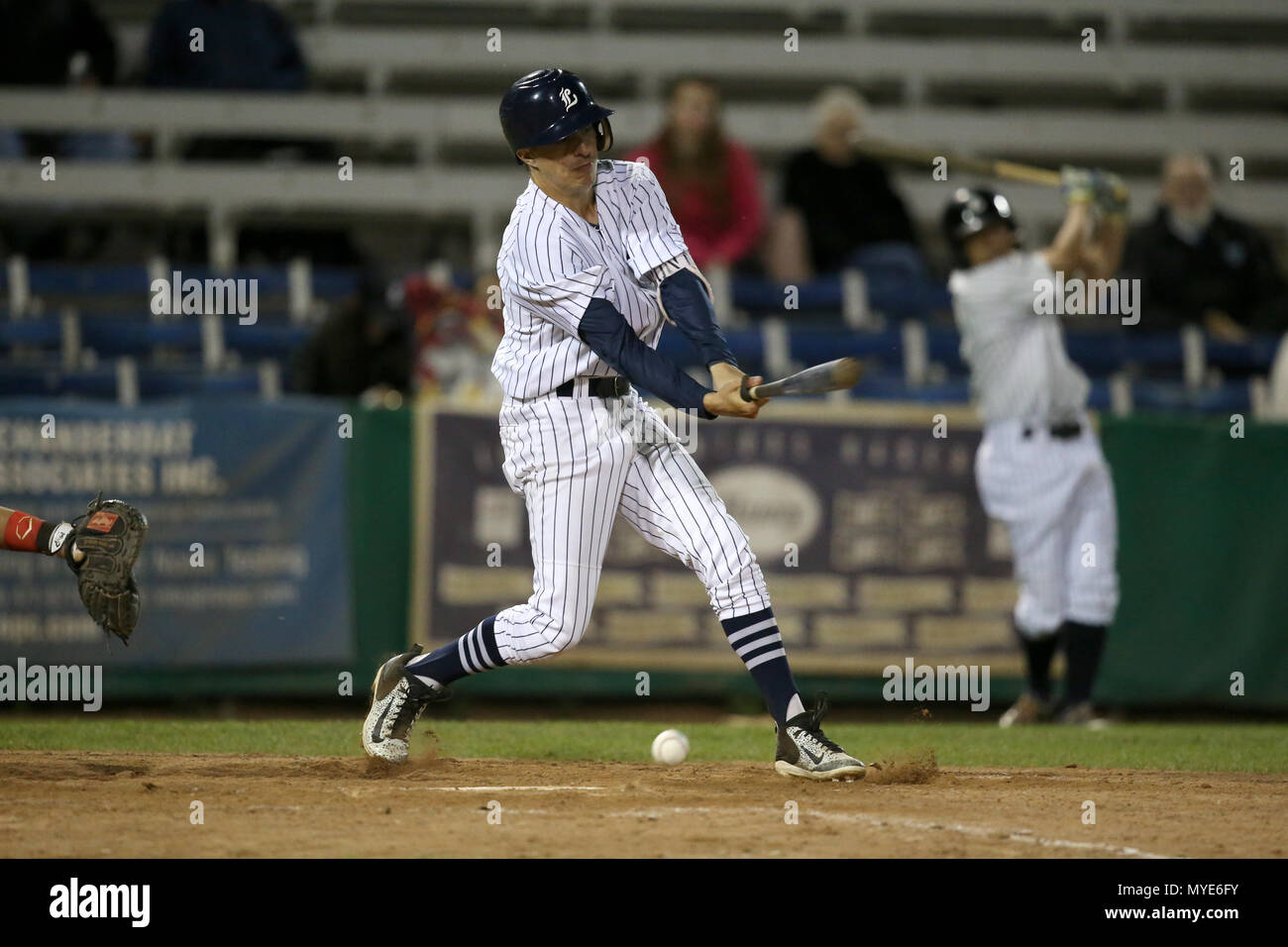 London, Ontario, Kanada. 6. Juni, 2018. Mit einem Schwingen der Fledermaus Cleveland brownlee (35) könnte die alle Zeit home run Rekord für die London Majoren mit 68 regulären Saison homeruns binden. Heute Cleveland schlug die Kugel tief an den Zaun, aber es sprang über die Mauer für eine Grundregel verdoppeln. Die Londoner Majoren schlagen die Hamilton Kardinäle 6-1 zu Labatt Park und ihre Siegesserie auf 6 Spiele erweitern. Tristan Buntrock (20) schlagen für die Londoner Majors. Lukas Durda/Alamy leben Nachrichten Stockfoto