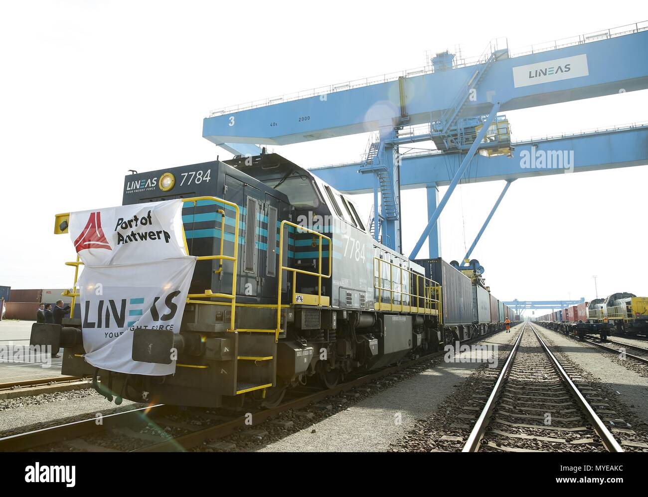 (180607) - Peking, 7. Juni 2018 (Xinhua) - Der china-europe Güterzug von Tangshan in China kommt in Antwerpen, Belgien, 12. Mai 2018. (Xinhua / Ihr Pingfan) Stockfoto