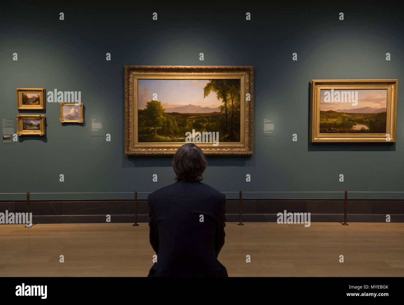 National Gallery, London, UK. 7. Juni, 2018. Thomas Cole: Eden für das Imperium. Die amerikanische Wildnis ist durch die Augen der Britischen gesehen - geborene Thomas Cole (1801 - 1848). Thomas Cole's Arbeit zeigt sich die Natur von ihrer stärksten und schwächsten. Seine Gemälde Herrlichkeit in der einzigartigen Landschaft des amerikanischen Nordostens - weitgehend noch unberührten in seiner Zeit. Bild: Blick auf den Catskill - Anfang Herbst, 1836-37. Durch das Metropolitan Museum der Kunst. Credit: Malcolm Park/Alamy Leben Nachrichten verliehen. Stockfoto