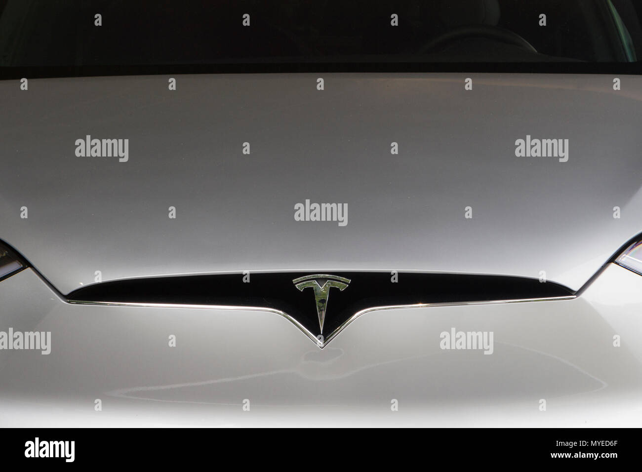 Turin, Italien. Juni 2018. Tesla-Logo auf einer Model X. 2018 Ausgabe der Parco Valentino Autoshow beherbergt Autos von vielen Automobilherstellern und Autodesignern im Valentino Park in Turin, Italien Credit: Marco Destefanis/Alamy Live News Stockfoto