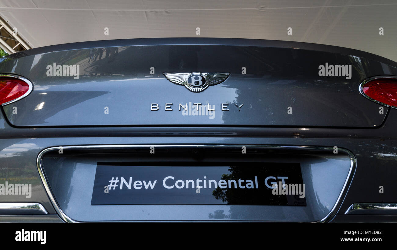 Torino, Italien. 7. Juni 2018. Detail des Bentley Continental GT. 2018 Edition von Parco Valentino Auto show hosts Autos vieler Automobilhersteller und Konstrukteure in Valentino Park in Turin, Italien Quelle: Marco Destefanis/Alamy leben Nachrichten Stockfoto