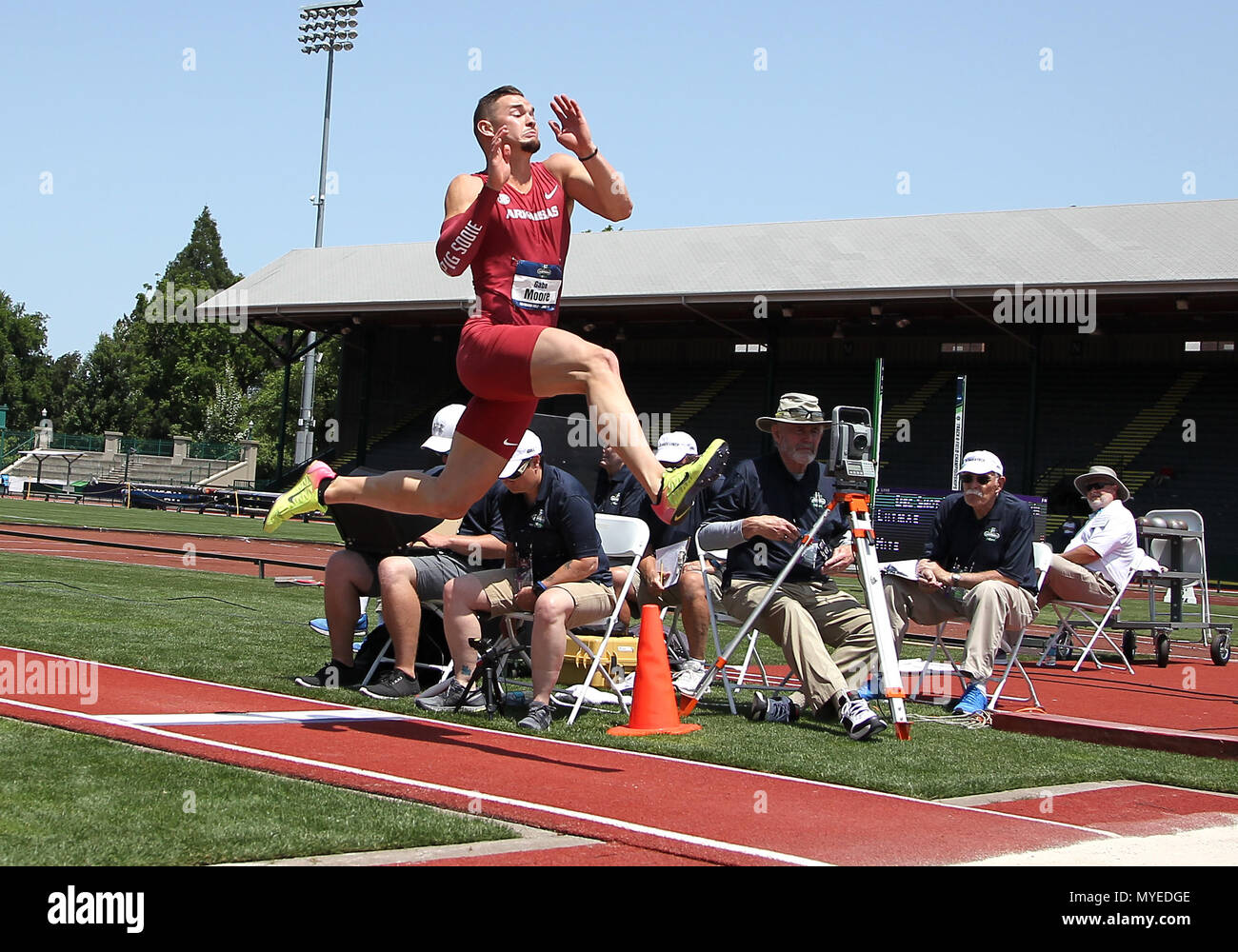 Juni 6, 2018. Derek Jacobus von Arkansas konkurriert im Weitsprung Teil der Männer Zehnkampf am 2018 NCAA Track & Field Meisterschaften am Historischen Hayward Field, Eugene, OR. Larry C. Lawson/CSM Stockfoto