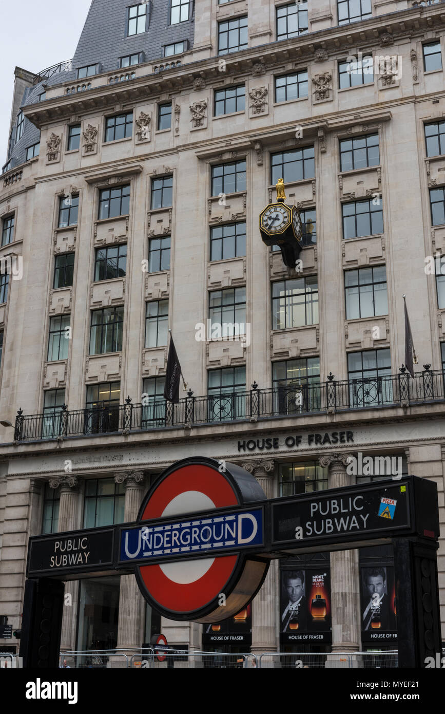 London, Großbritannien. 7 Jun, 2018. House of Fraser, die High Street Einzelhändler zu schließen Es der Londoner Oxford Street Store mit dem Verlust von über 6.000 Arbeitsplätzen in 31 Filialen im ganzen Land. Umstrukturierung durch die chinesischen Eigentümer. Hohe Mieten für Räume und Preise sowie eine Abwertung des Pfund gegenüber anderen Währungen und zum Shopping im Internet sind alle Ursachen in den Untergang der Einzelhandelskette. Quelle: Steve Hawkins Fotografie/Alamy leben Nachrichten Stockfoto