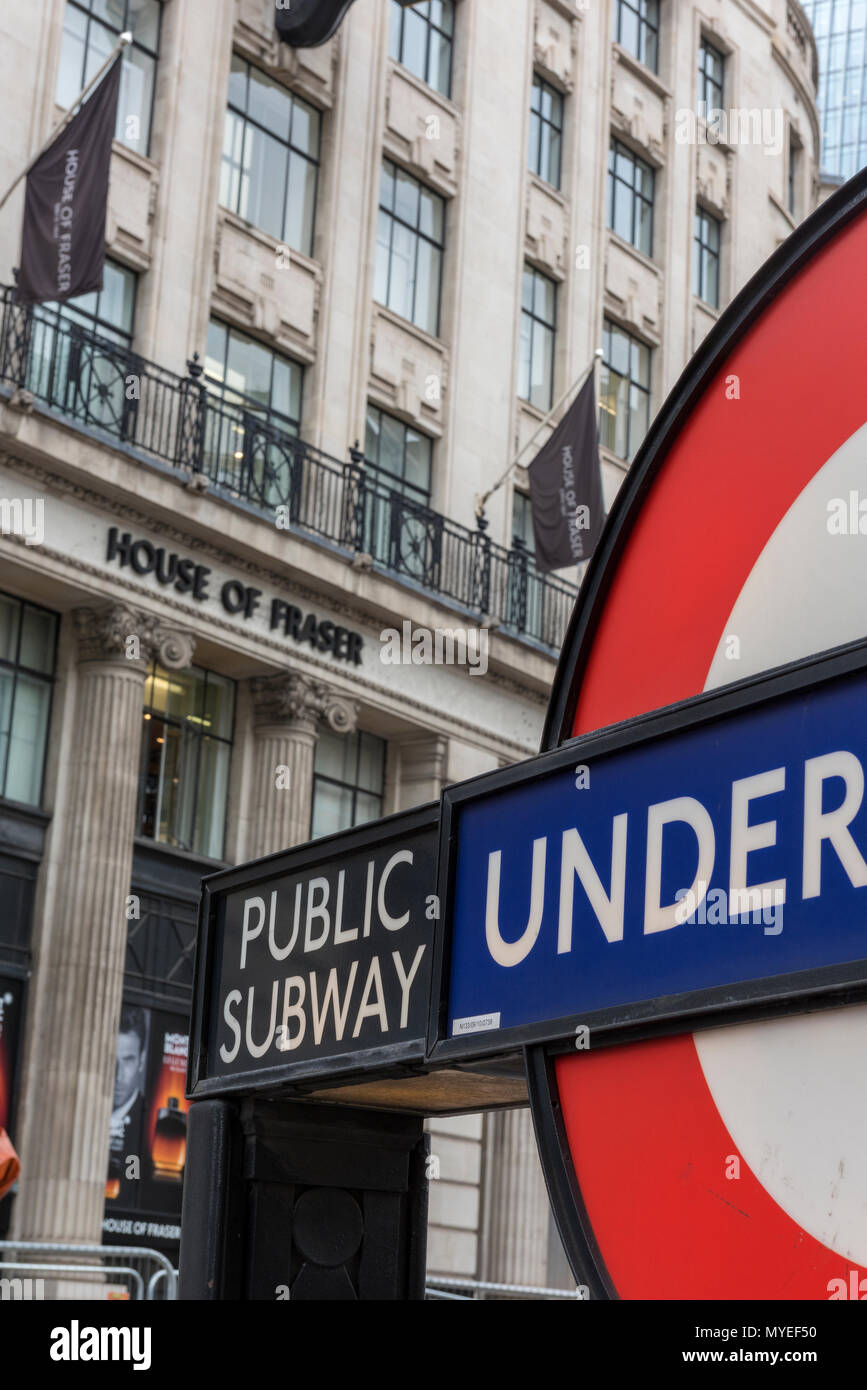 London, Großbritannien. 7 Jun, 2018. House of Fraser, die High Street Einzelhändler zu schließen Es der Londoner Oxford Street Store mit dem Verlust von über 6.000 Arbeitsplätzen in 31 Filialen im ganzen Land. Umstrukturierung durch die chinesischen Eigentümer. Hohe Mieten für Räume und Preise sowie eine Abwertung des Pfund gegenüber anderen Währungen und zum Shopping im Internet sind alle Ursachen in den Untergang der Einzelhandelskette. Quelle: Steve Hawkins Fotografie/Alamy leben Nachrichten Stockfoto