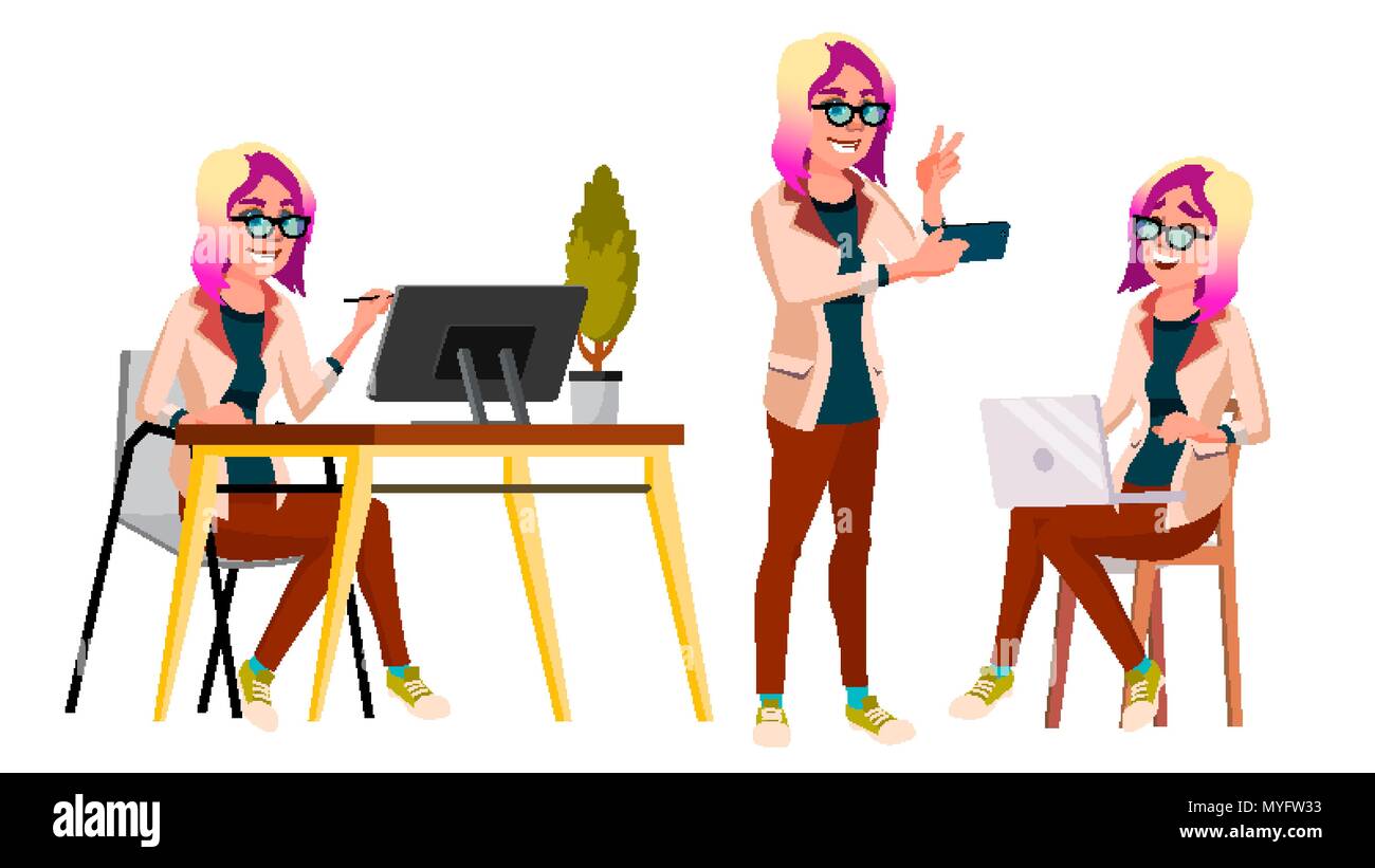 Büroangestellter Vektor. Frau. Moderne Arbeitnehmer, Arbeiter. Business Woman. Gesicht Emotionen, verschiedenen Gesten. Flache Cartoon Illustration Stock Vektor