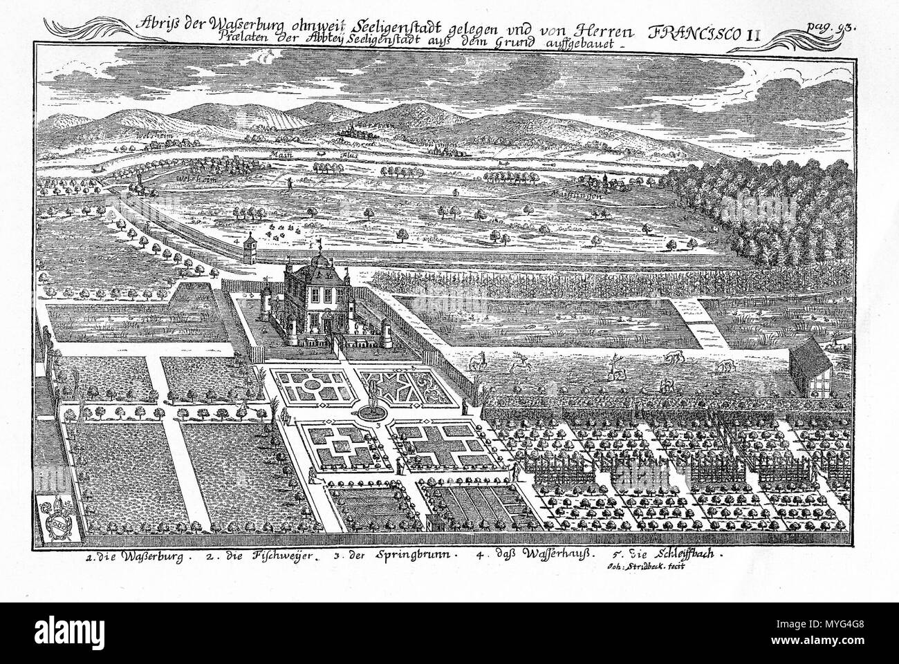 . English: Ansicht der Wasserburg Seligenstadt und des Lustgartens von Westen. Stich auf Papier, publiziert in Georg Schaefer: Kunstdenkmäler im großherzogthum Hessen. A. in der Provinz Starkenburg. Kreis Offenbach. Darmstadt 1885, S. 210. Anfang 18. Jahrhundert. Johannes Weinckens 558 Wasserburg Seligenstadt Weinckens Stockfoto