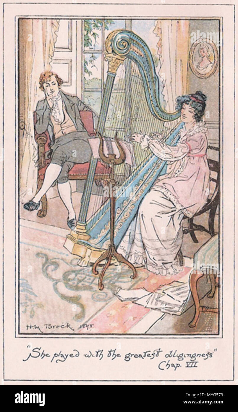 . Englisch: getönte Zeichnung, frontipiece Mansfield Park (Jane Austen Roman), Vol 1. Maria spielte mit der größten Entgegenkommen. (Ch 7) Français: Dessin aquarellé, frontispice du Tome 1 de Mansfield Park, illustrant Le Chapitre 7: Maria joue de la Harpe avec beaucoup de Entgegenkommen. 1898. H. M. Brock (der Bruder von C. E. Brock) 227 1234567 BrockMP-01 Stockfoto
