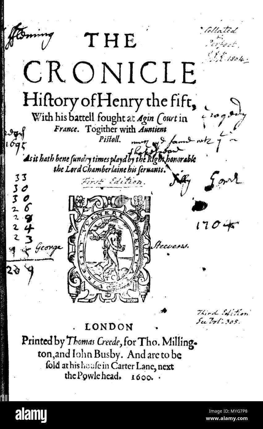 . Englisch: Titelblatt der 1600 Ausgabe von Shakespeares Heinrich V, oft die "schlechte Quarto" genannt. Die handschriftliche Anmerkungen werden von verschiedenen Besitzer des Buches über die Jahrhunderte hinweg. . Diese Datei fehlt, Informationen zum Autor. 237 Henry v Titel Seite Stockfoto