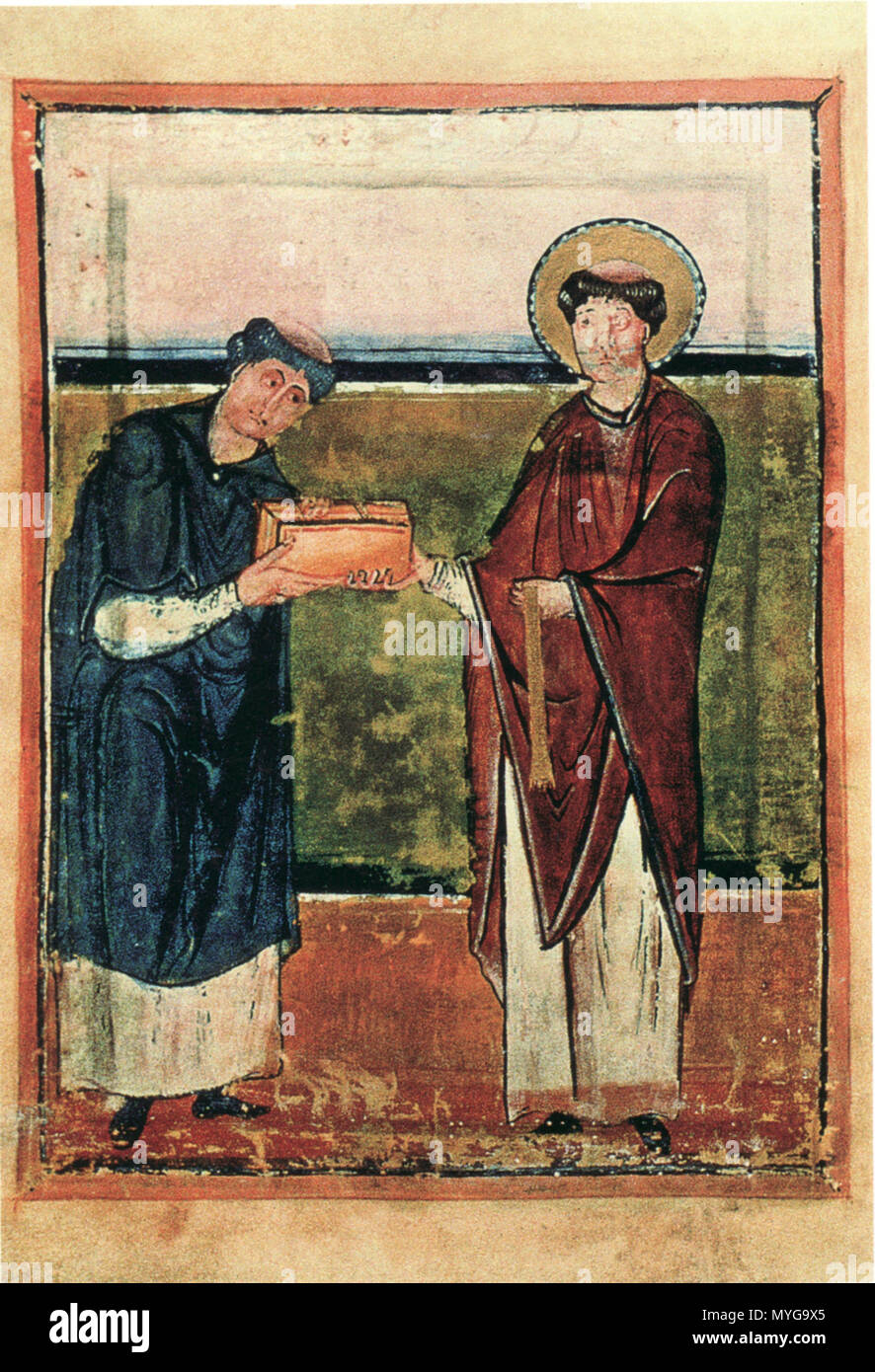 . English: Hornbacher Sakramentar (Schatzkammer St. Ursus in Solothurn, Cod. U1), Fol. 8 v. Zweites Bild des Widmungszyklus. Abt Adalbert übergibt den Codex dm Hl. Pirmin. ca. 983. Unbekannt 246 Hornbacher Sakramentar fol. 8 v Stockfoto