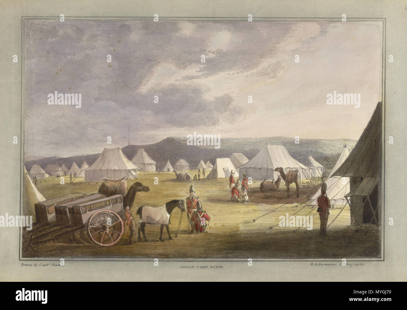 . Englisch: farbige Lithographie von einem "Indian Camp Szene" in den Western Ghats in Maharashra von Rudolph Ackermann (1764-1834) nach einer Originalzeichnung von Captain James Barton (1793-1829). Platte 4 Der Kapitän James Barton's '12 Blick auf Hügel Forts in der Western Ghats in der Nähe von Bombay' in London c 1820 veröffentlicht. Der Künstler, Kapitän James Barton, war eine artillerie Offizier, der in der dritten Anglo-Maratha Krieg in 1817-19 serviert. . 1820. Ackermann, Rudolph (1764-1834) 256 indischen Camp Szene Stockfoto