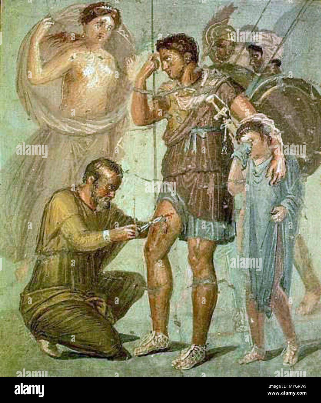 . Italiano: Museo Archeologico Nazionale di Napoli (Inv. nr. 9009). Da Pompeji, Casa di Sirico - Enea ferito, in piedi, curato viene Dal medico Japix, mentre Venere, preoccupata, giunge medicamentose portando Erbe; intanto Il figlio Ascanio, in lacrime, è Presso il Padre. 1. Jh. N.CHR. Fresko aus Pompeji (heute im Museo Archeologico Nazionale (Neapel)), Iapyx Entfernen einer Pfeilspitze aus dem Bein von Aenas, mit Aenas's Sohn Iulus Ascanius neben seinem Vater Weinen. Auf der linken Seite, Aeneas' Mutter, die Göttin Venus (das griechische Aphrodite). 79 AD. Unbekannt 252 Iapyx entfernen Pfeilspitze von Aenea Stockfoto