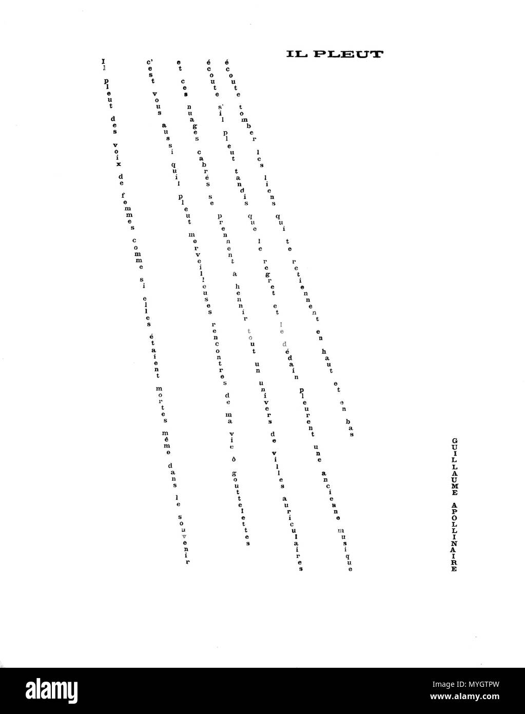 . Français: calligram 'Il pleut' d'Apollinaire. 11 Oktober 2013, 19:30:51. Guillaume Apollinaire (1880-1918) pseudonym Alternative Namen: Germain Amplecas, Wilhelm Apollinaris de Kostrowitsky, Pseudonym: Louise Lalanne Beschreibung Französisch-italienischen Dichter, Schriftsteller, Dramatiker, Kunstkritiker, tagebuchschreibers und Geschichtenerzähler Datum der Geburt / Tod 26. August 1880 9. November 1918 Ort der Geburt / Tod Rom Paris Authority control: Q 133855 VIAF: 66462795 ISNI: 0000 0001 2137 1423 ULAN: 500010539 78080654 LCCN: n NLA: 35007484 WorldCat 255 Ilpleut Stockfoto