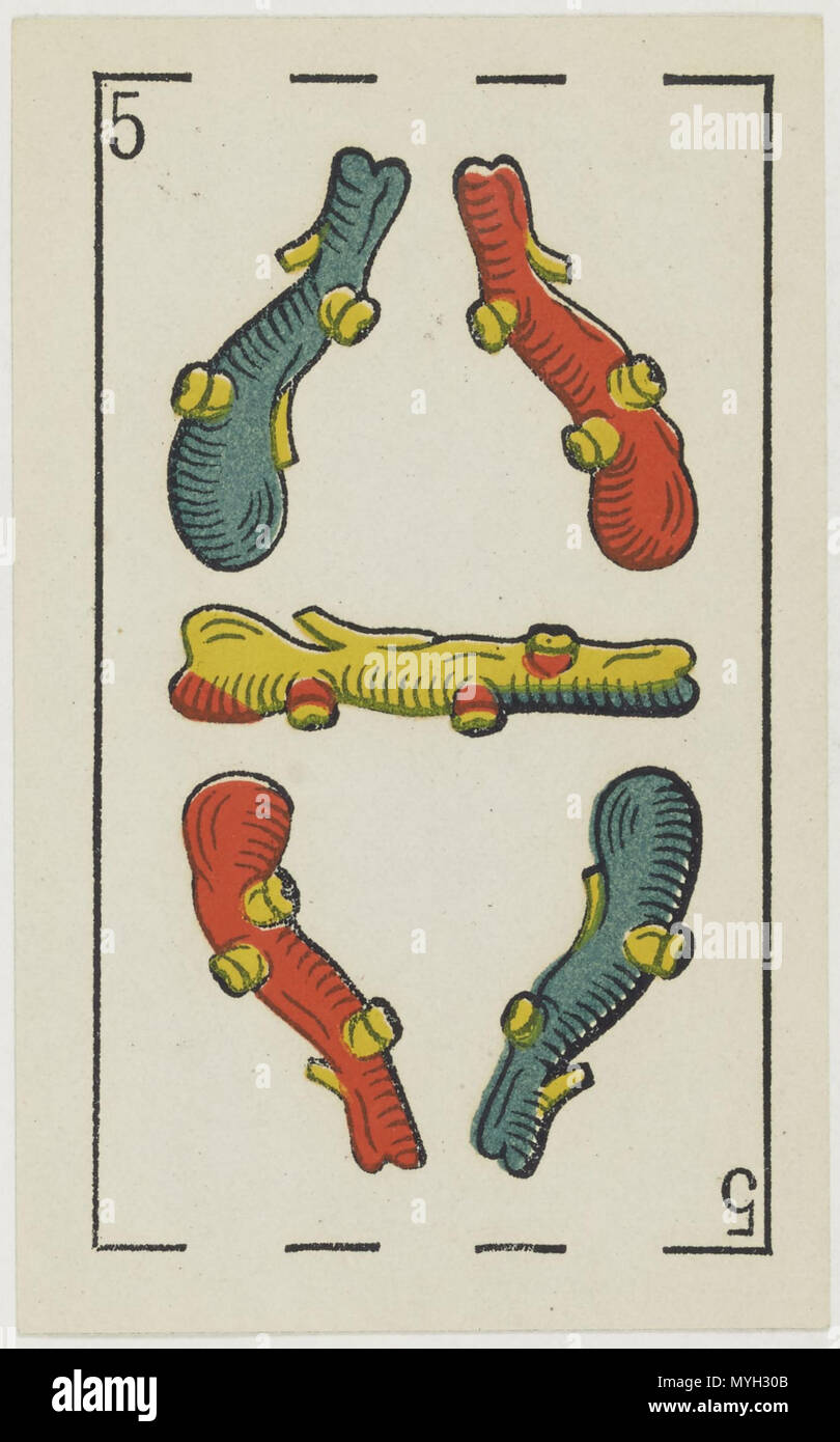 . Englisch: Aluette deck, B. S. Grimaud editor, Frankreich, 1860: fünf Vereine. 1860. B. S. Grimaud 274 Jeu d'Aluette - Grimaud - 1860 - Fünf Vereine Stockfoto