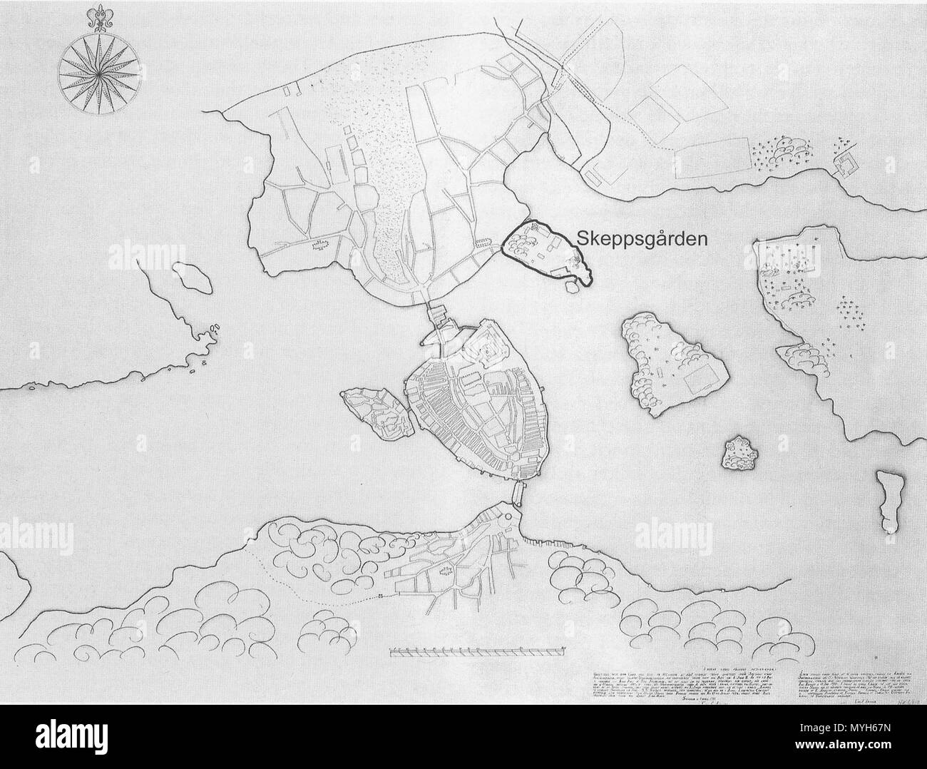 . Eine Karte von Stockholm im frühen 17. Jahrhundert mit der Insel, wo die Schiffswerft markiert und beschriftet war. 28. August 2007. Peter Isotalo 546 Vasas Jungfernfahrt 1. Stockfoto . Eine Karte von Stockholm im frühen 17. Jahrhundert mit der Insel, wo die Schiffswerft markiert und beschriftet war. 28. August 2007. Peter Isotalo 546 Vasas Jungfernfahrt 1. Stockfoto