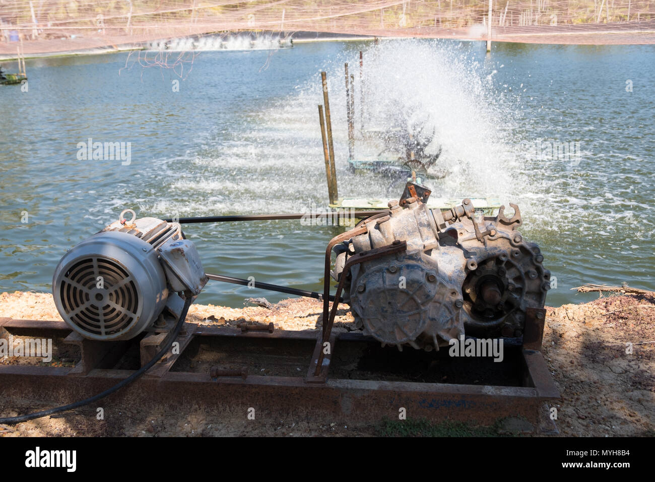 Wasser lüftung Turbine in der Landwirtschaft Aquatic. Garnelen und Fisch Brüterei in Thailand. Stockfoto