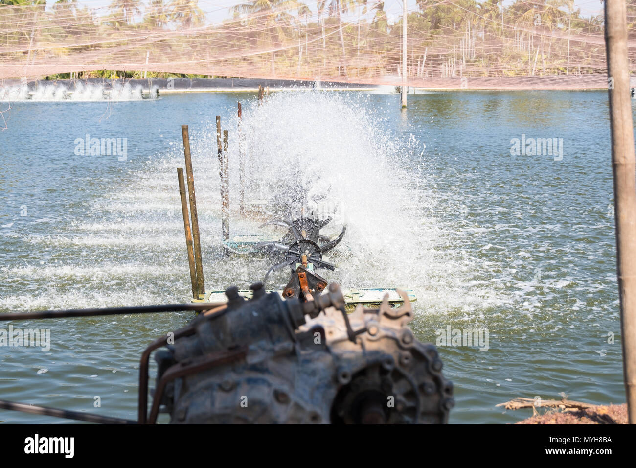 Wasser lüftung Turbine in der Landwirtschaft Aquatic. Garnelen und Fisch Brüterei in Thailand. Stockfoto