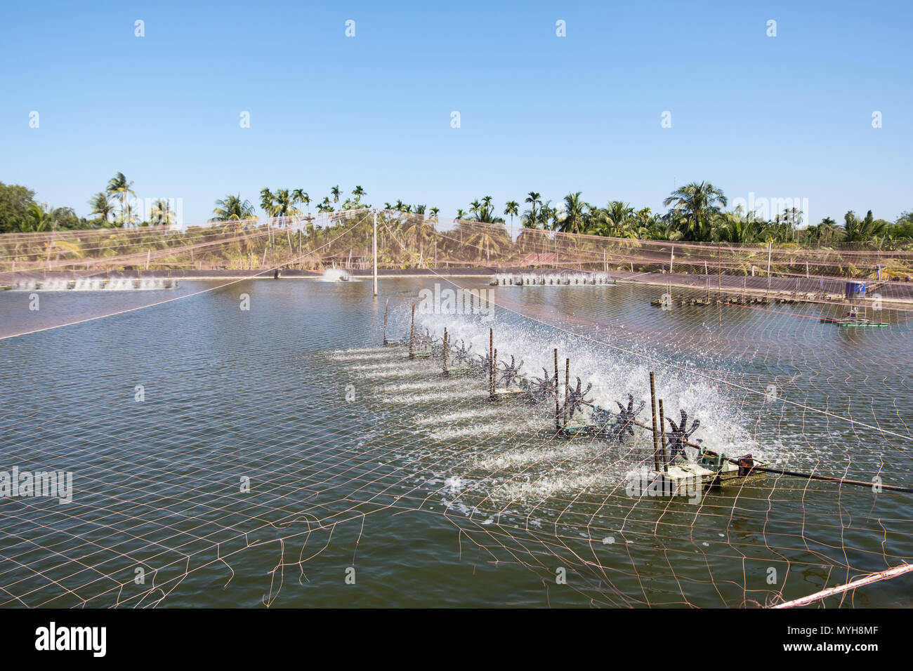 Wasser lüftung Turbine in der Landwirtschaft Aquatic. Garnelen und Fisch Brüterei in Thailand. Stockfoto