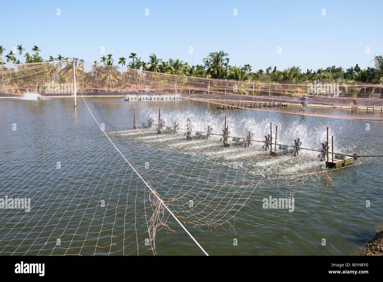 Wasser lüftung Turbine in der Landwirtschaft Aquatic. Garnelen und Fisch Brüterei in Thailand. Stockfoto