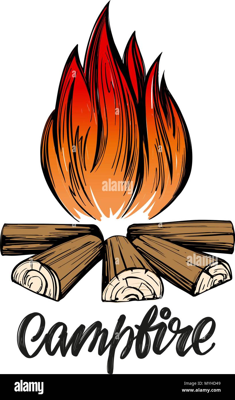 Fire Emblem, Ruhe in den Wald, Camping kalligrafischen Text, Emblem, Hand gezeichnet Vektor-illustration Skizze Stock Vektor