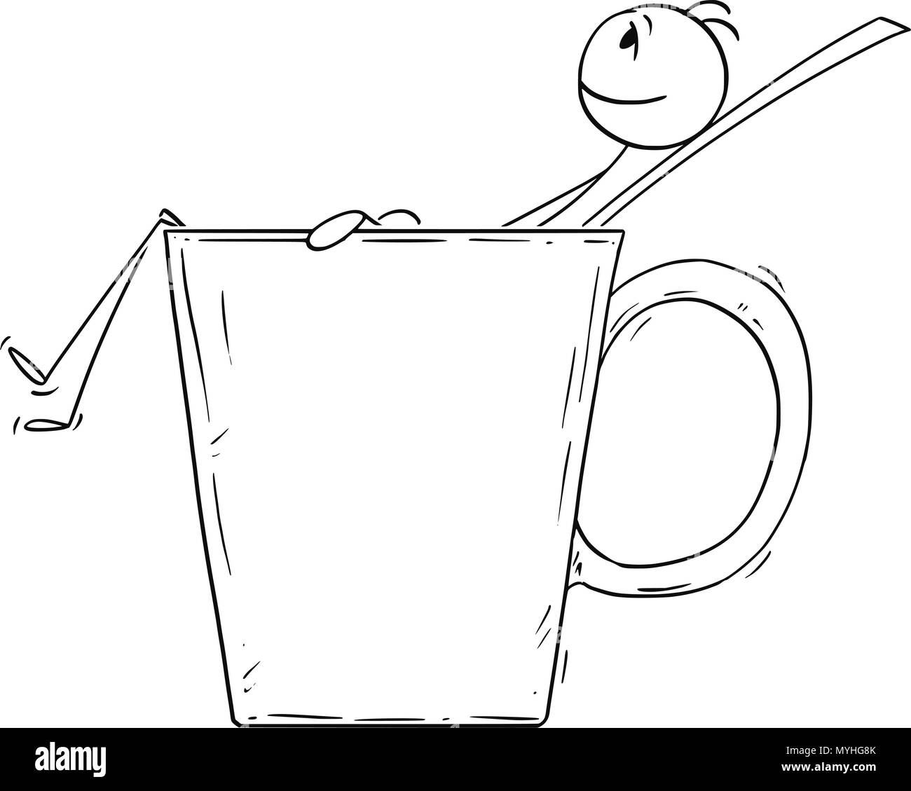 Cartoon von Mann oder Geschäftsmann Entspannen in große Tasse Kaffee oder Tee Stock Vektor