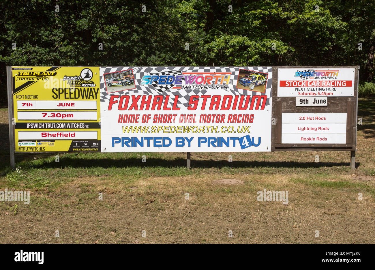 Die Werbung für Foxhall Stadion Speedway und Stock Car Racing, Ipswich, Suffolk, England, Großbritannien Stockfoto