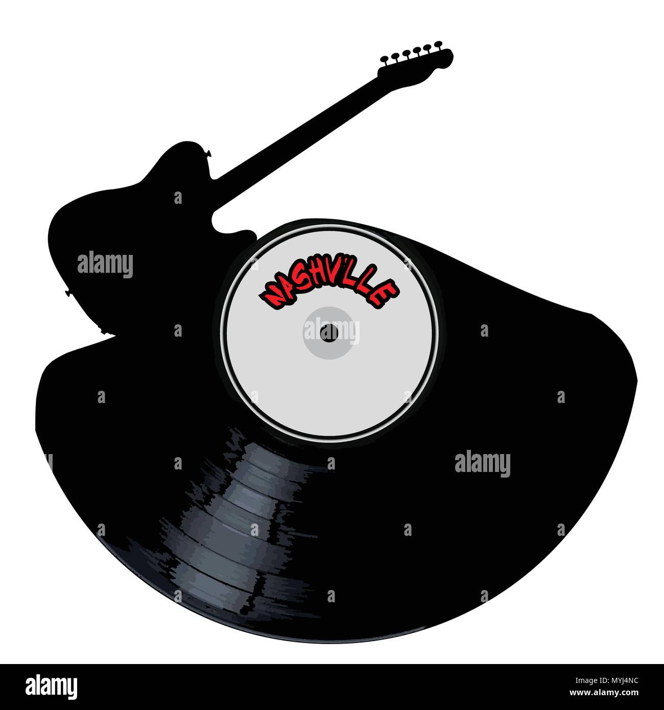 Ein Vinyl LP Datensatz mit einer E-Gitarre ausschnittform mit der Legende NASHVILLE alle auf weißem Hintergrund Stock Vektor