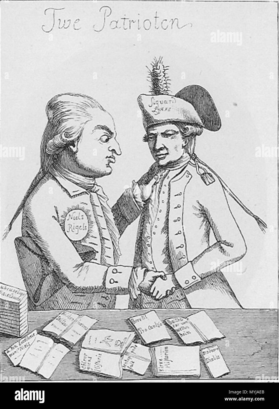 . Englisch: satirische Radierung von 1787 zeigen Niels Ditlev Riegels (links) und Sigvard Lykke (rechts). Dansk: Satirisk stik über Niels Ditlev Riegels og Sigvard Lykke. Philip Rosenstand-Goiske skriver i Sinus håndskrevne efterretninger om um es ich Dezember 1787: "Een, Som ei har vaeret har søgt Riegels Ven an hevne sig paa denne nedrige Maade ved et Kaaberstykke unter dem Titel de twe Patrioter, Og, ehe der Ich satte Carricatur Siegvardt Riegels og Lykke med Hinanden ich Haenderne; de Ligne Begge, Männer fordie Mann endda ei Skal tage Feil staaer Riegels Name i de Stiaerne Brystet og Lykkes paa paa Cocarden p Stockfoto
