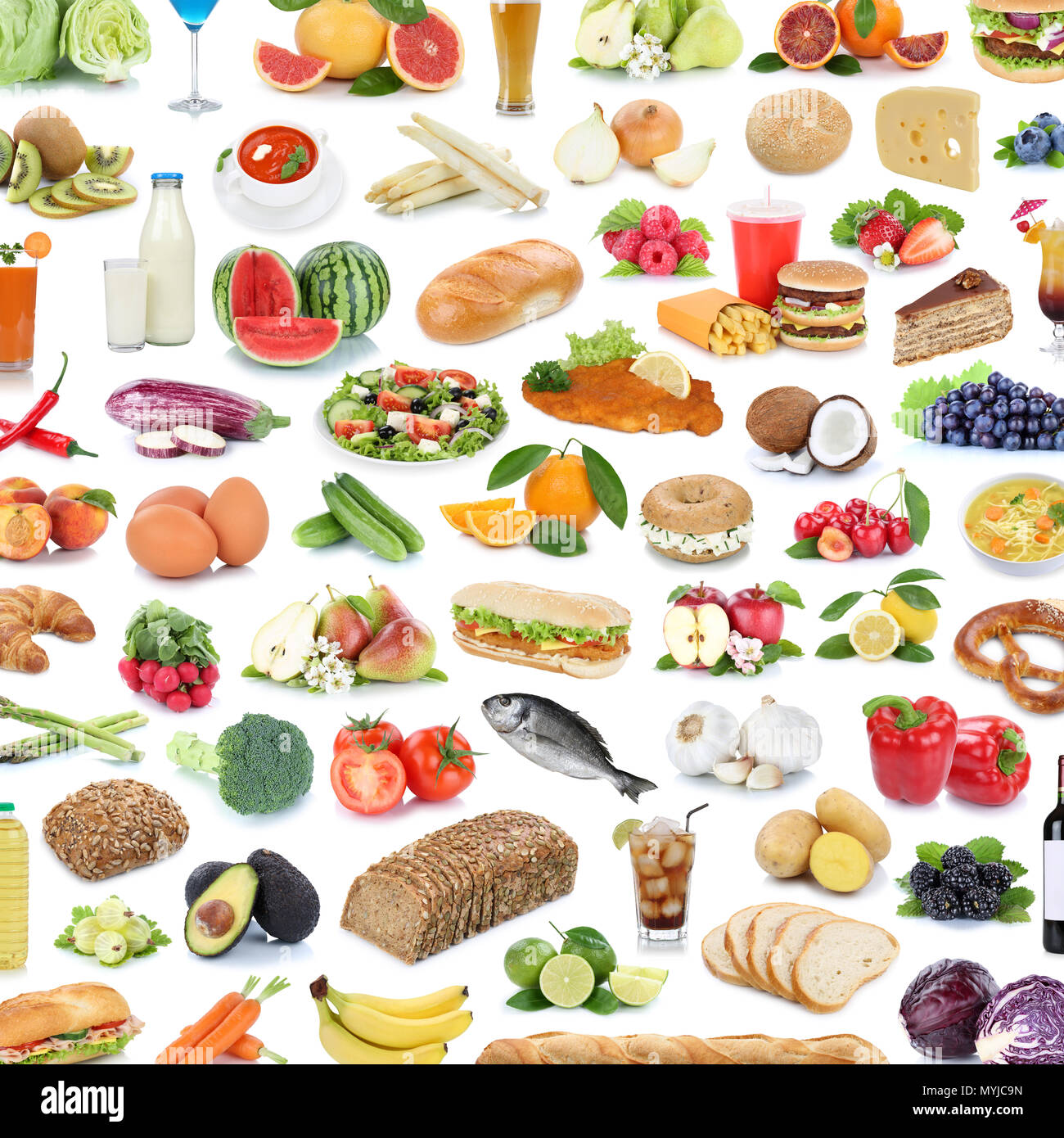 Sammlung von Essen und Trinken Hintergrund collage Gesundes essen Früchte Gemüse square Obst Getränke auf weißem Hintergrund Stockfoto