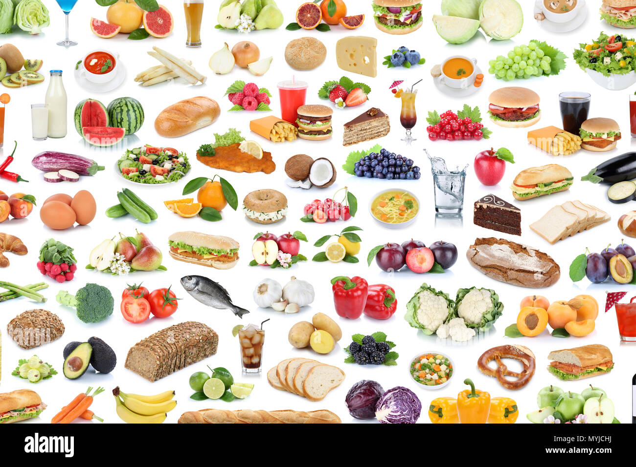 Sammlung von Essen und Trinken Hintergrund collage Gesund essen Obst Gemüse Obst Getränke auf weißem Hintergrund Stockfoto