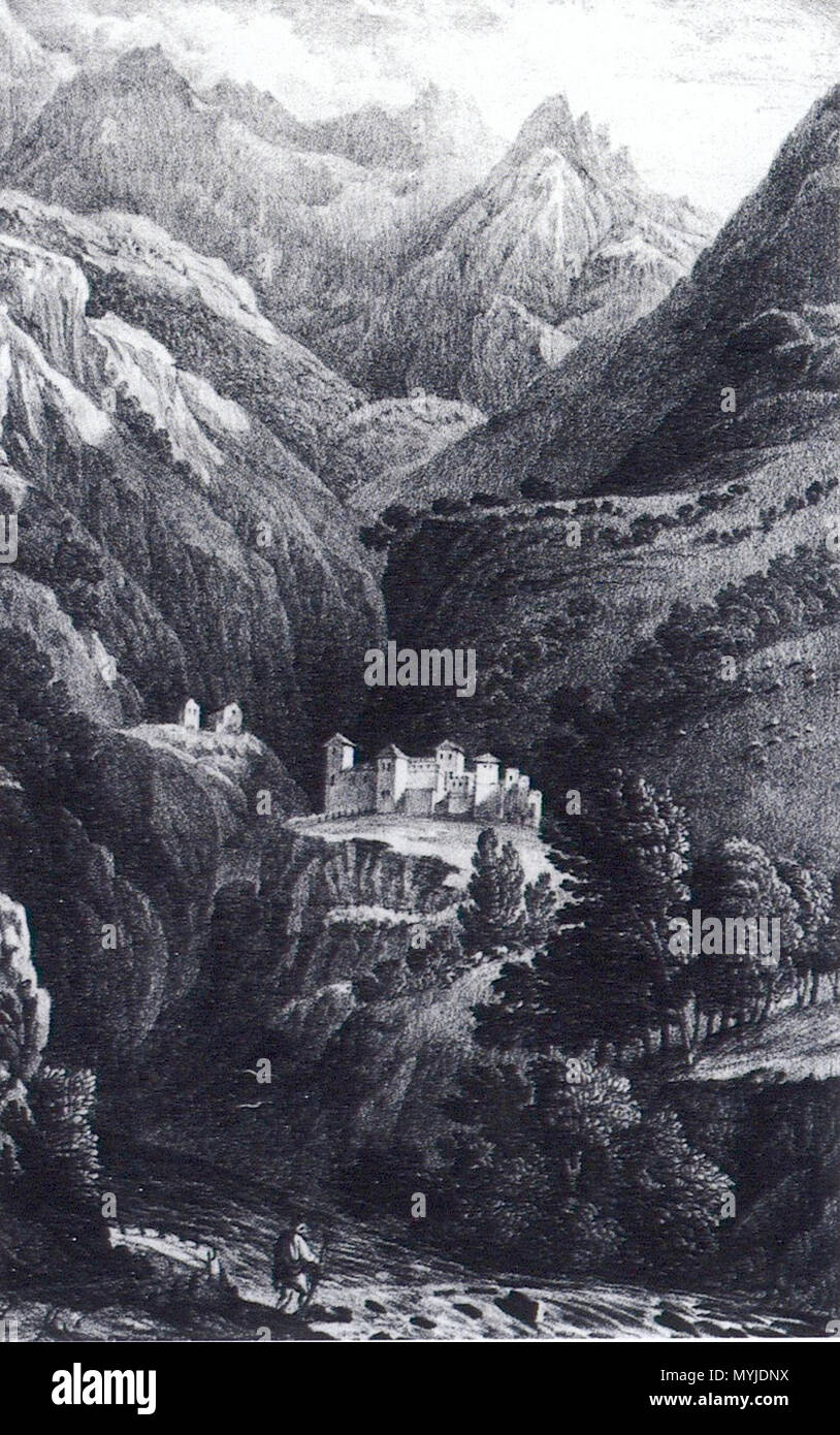 . Italiano: Litografia del Castello di Quart, in Valle d'Aosta, Del 1822-23. Originariamente pubblicata in J.P. Cockburn, Blick in das Tal von Aosta nach der Natur gezeichnet... auf Stein von A. Aglio und T. Baynes, London, 1822-1823. Pubblicazione nella Fotografia dalla litografia originale Di L'Image, conservata ad Aosta, nell'Archivio fotografico della Sopraintendenza per i Beni Culturali. Scansione da Sandra Barberi, A.a.o. di Patafisik. 24. Januar 2012. Ein Aglio&T. Baynes 325 Lito Chateau de Quart 1822-23 Stockfoto