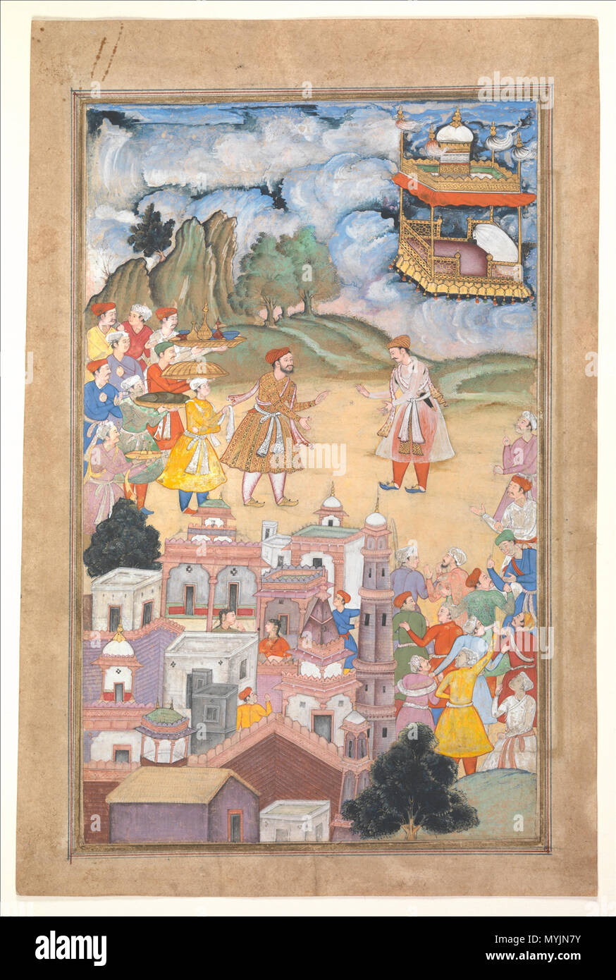 . "König Sal Visits Kala Yavana', Folio aus einem Harivamsa (die Legende von Hari (Krishna)) Objekt Name: Folio aus ein illustriertes Manuskript Herrschaft: Akbar (1556 - 1605) Datum: Ca. 1590 - 95 Geographie: Das heutige Pakistan, Lahore Medium: Tinte, opak Aquarell, und Gold auf dem Papier Abmessungen: Seite: 13 9/16 x 8 15/16 in. (34,4 x 22,7 cm) Malerei: 11 7/16 x 2 3/4 in. (29 x 7 cm) Text Seite: 9 1/4 x 5 3/8 in. (23,5 x 13,6 cm) Einstufung: Codices Kreditlinie: Louis V. Bell Fund, 1967 Beitritt Anzahl: 67.266.5 Dieses Kunstwerk wird nicht auf dem Display. ca. 1590 - 95. Herrschaft: Akbar (1556 - 1605) 297 König Stockfoto