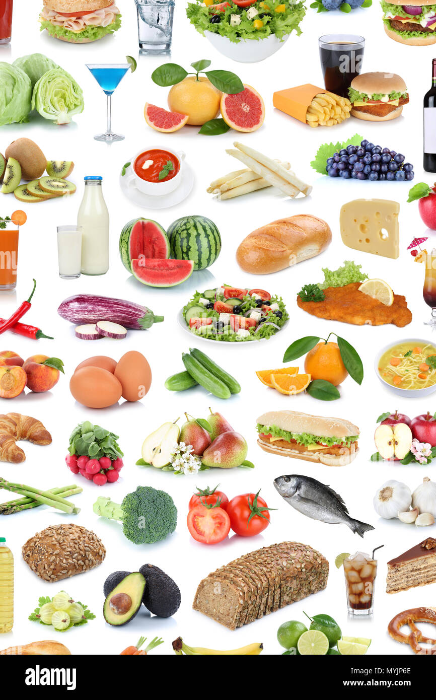 Essen und Trinken Sammlung Hintergrund Früchte Gemüse gesunde Getränke auf weißem Hintergrund Stockfoto