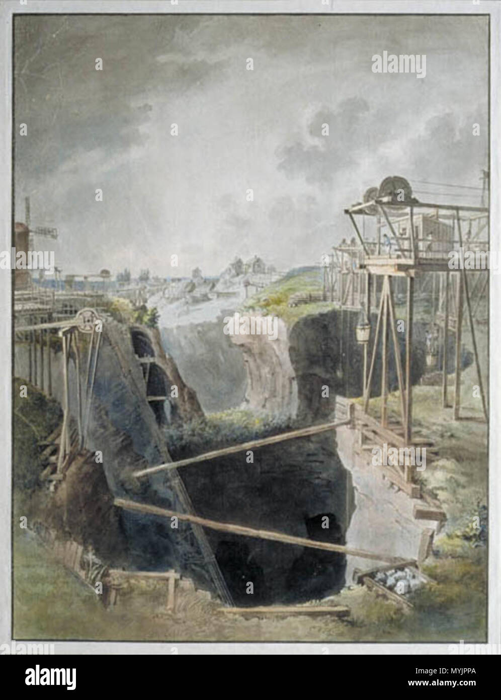 . Svenska: Dannemora gruvor, dagbrottet torrymningen "Omkring 1780-1800. Akvarellerad pennteckning av-sv: Elias Martin. Deutsch: de: Elias Martin: 'Der Tagebau Storrymningen'. Aquarell, zwischen 1780-1800. Der Tagebau Technologie zum Bergwerk in Dannemora. zwischen 1780 und 1800. Elias Martin (1739-1818). 131 Dannemora Elias Martin 1700 Stockfoto