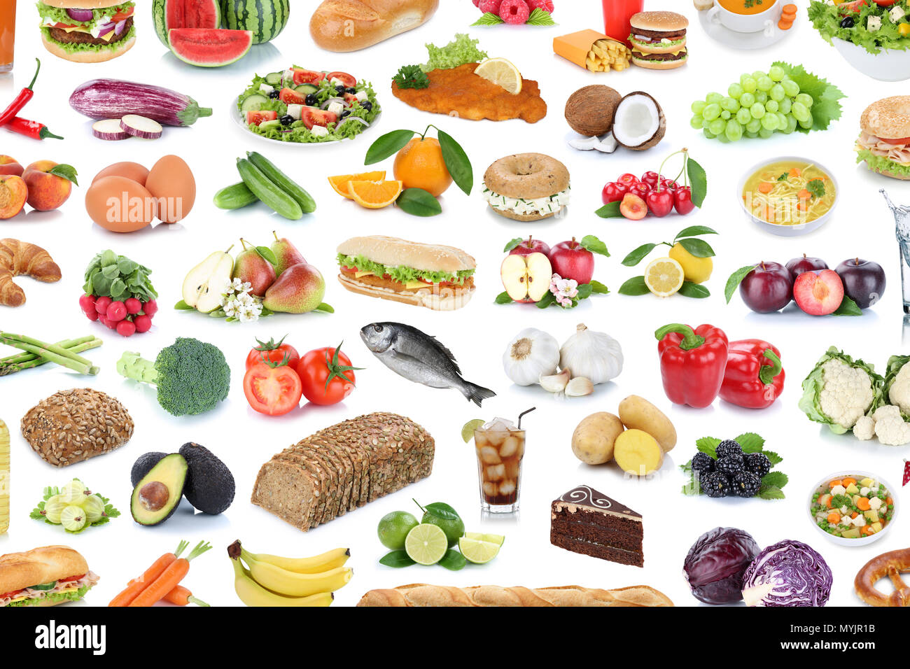 Essen und Trinken Sammlung Hintergrund Früchte Gemüse Obst Getränke auf weißem Hintergrund Stockfoto