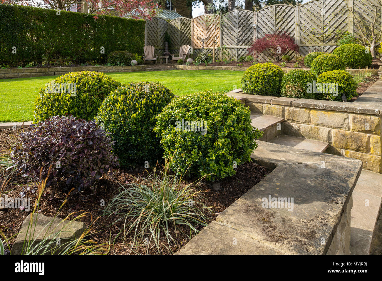 Ecke des schönen, gepflegten, privaten Garten mit zeitgenössischem Design, Pflanzen, Terrasse, Rasen & Terrassierung - Yorkshire, England, UK. Stockfoto